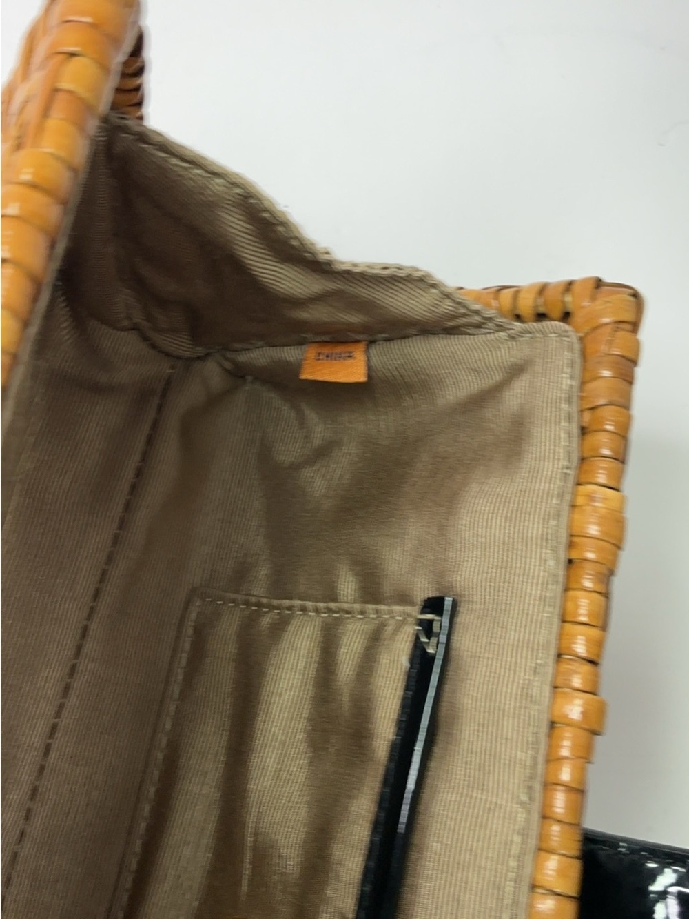 Tory Burch-Inspired Tan Woven Clutch with Black Patent Trim - Picture 11 of 11